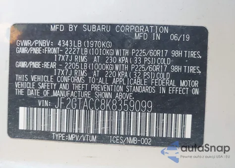 2019 Subaru Crosstrek 2.0I Premium z USA, uszkodzony, nr VIN JF2GTACC8K8359099